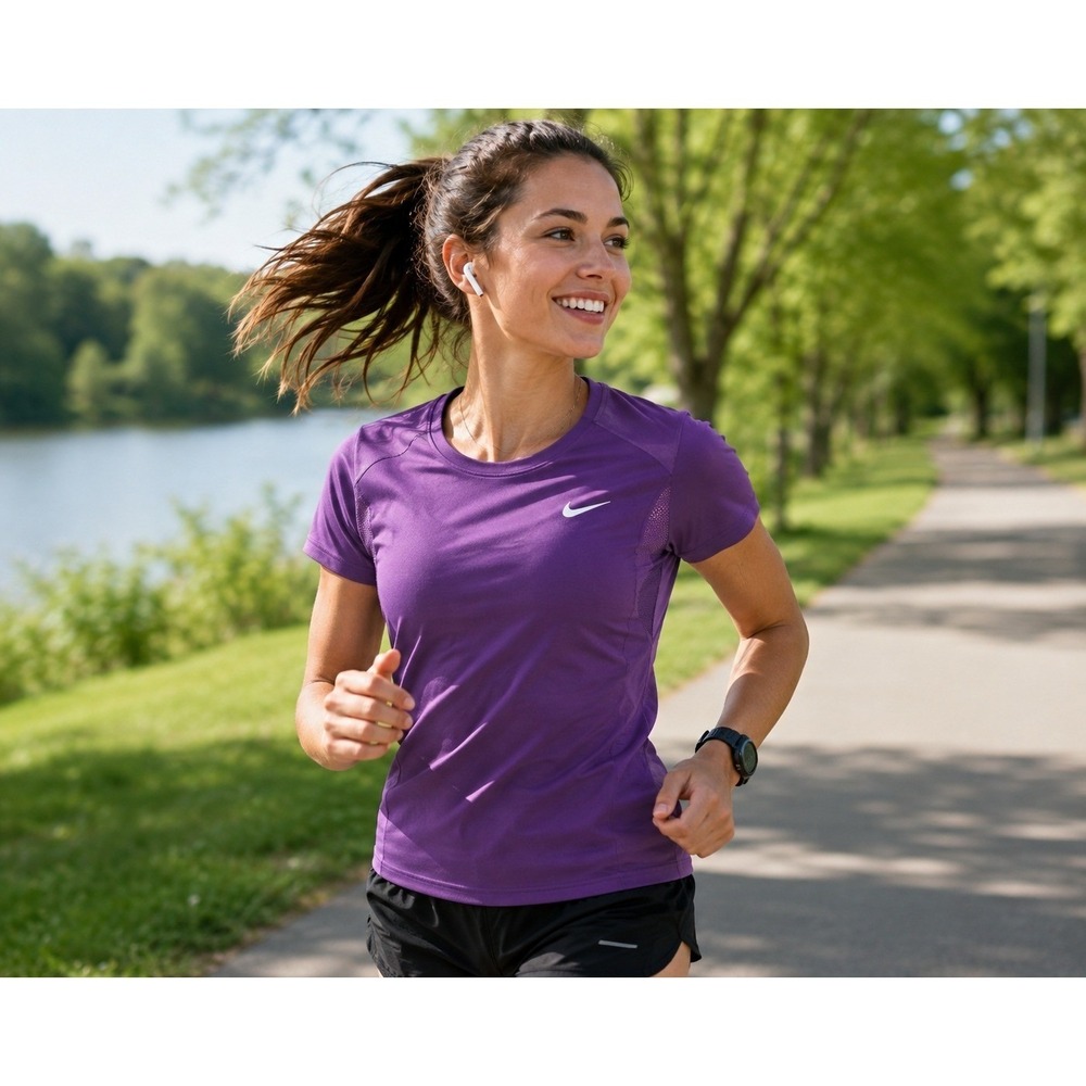 Nike Running Dri-FIT Short Sleeve Top Purple Women XS/S Reflective Mesh Panels - Picture 2 of 10